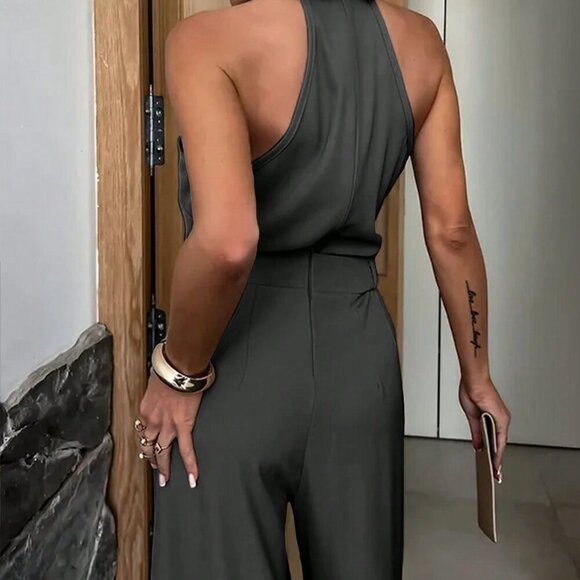 Dark Grey Women's Summer Solid Color Pocket Pleated Wide Leg Casual Jumpsuit - Picture 4 of 5